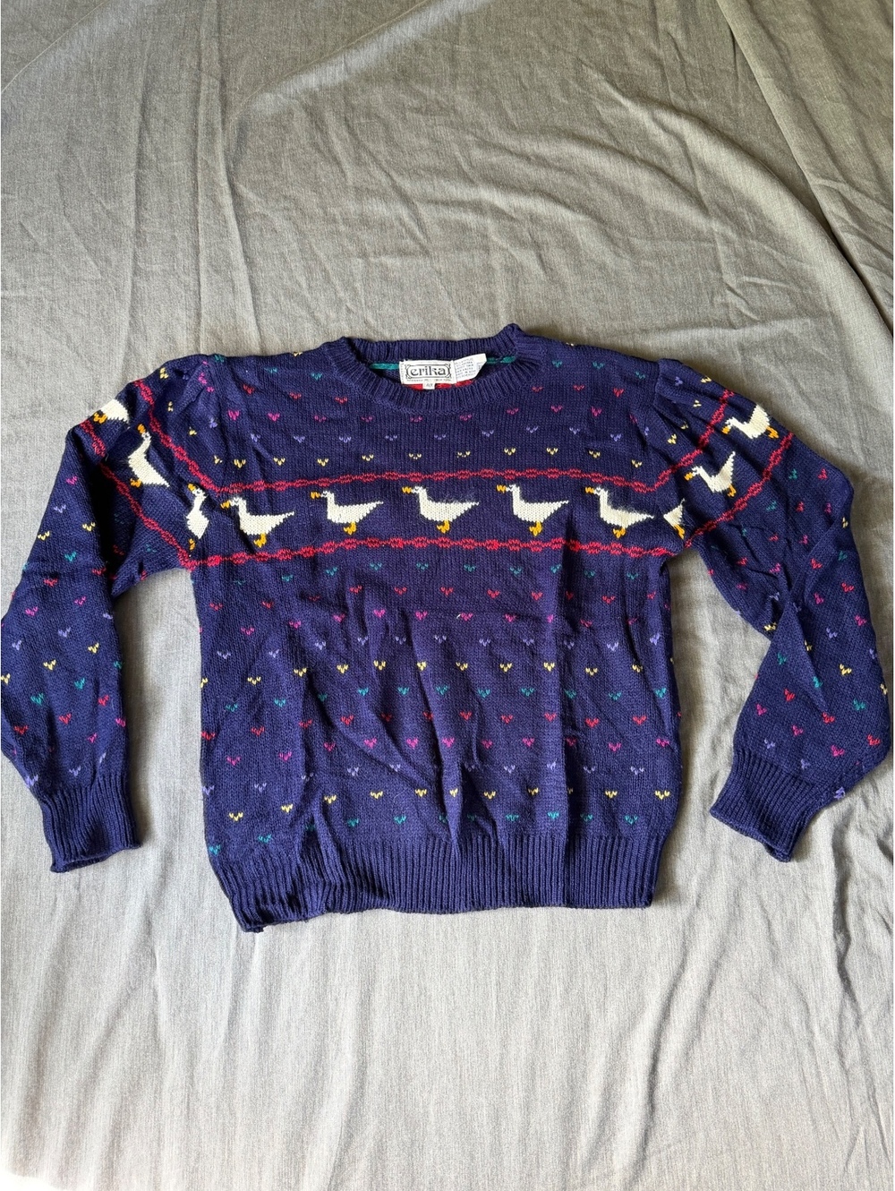 Vintage Womens Duck Sweater Size M Navy Blue Hearts